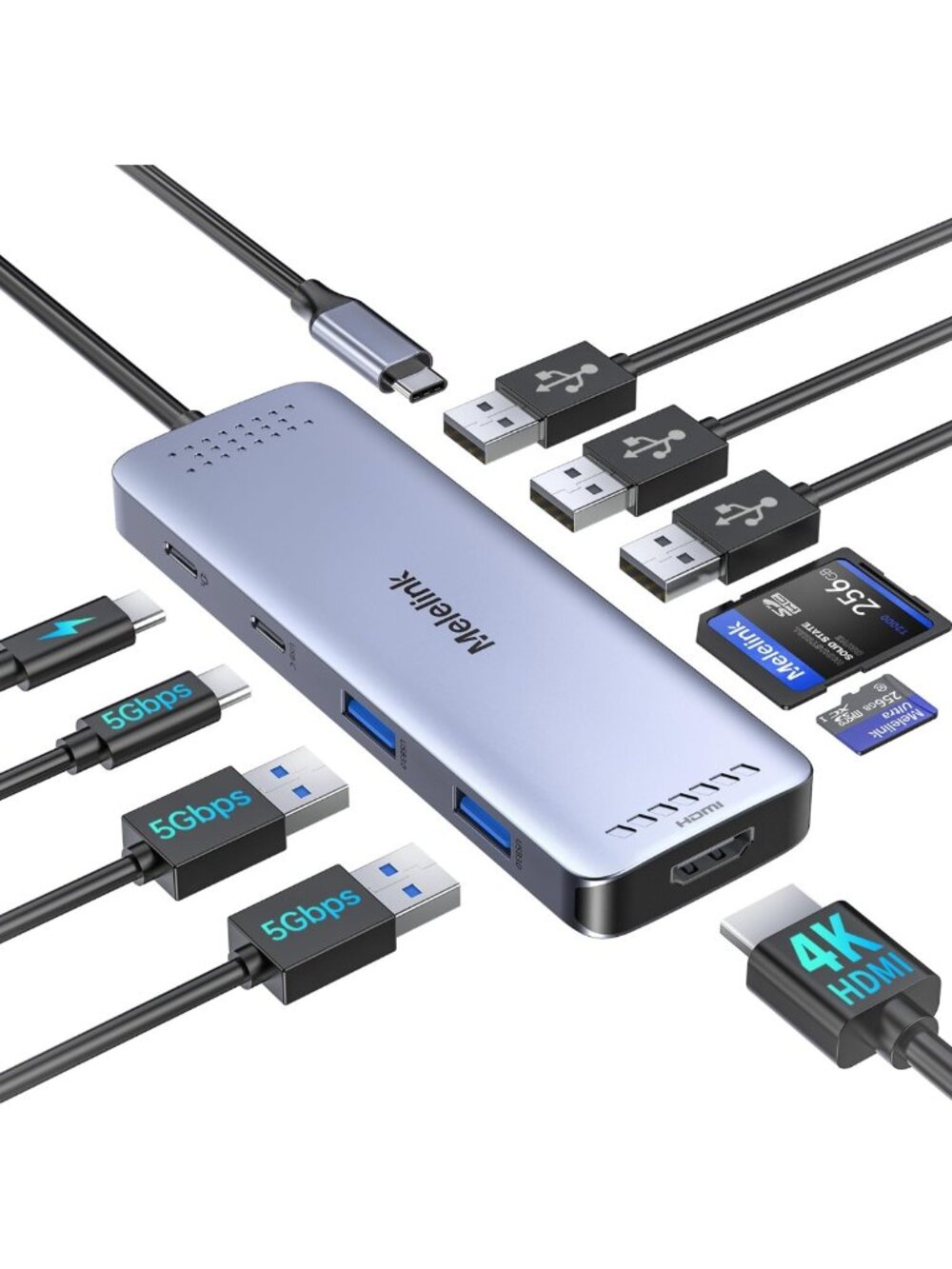 10-in-1 USB C Hub Adapter for MacBook & iPad Pro, 4K HDMI, 6 USB Ports, SD